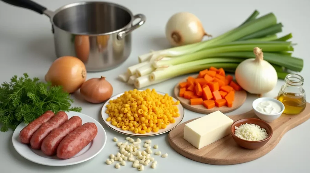 A top-down view of fresh ingredients including raw Italian sausage, chopped vegetables, ditalini pasta, parmesan cheese, and heavy cream, arranged on a clean kitchen countertop.