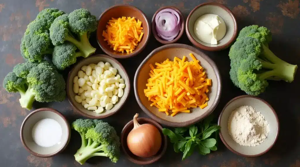 A laid-out assortment of broccoli florets, cheddar cheese, onion, broth, and protein powder