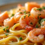 Close-up of creamy salmon and shrimp pasta, highlighting the velvety sauce and fresh herbs