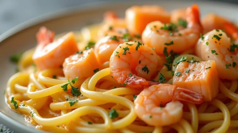 Close-up of creamy salmon and shrimp pasta, highlighting the velvety sauce and fresh herbs