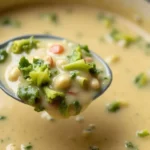 A warm bowl of creamy broccoli cheddar soup topped with melted cheese and fresh herbs