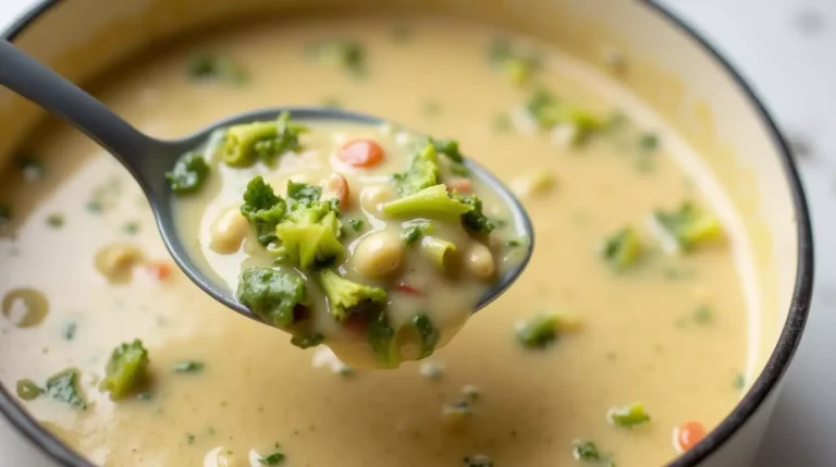 A warm bowl of creamy broccoli cheddar soup topped with melted cheese and fresh herbs