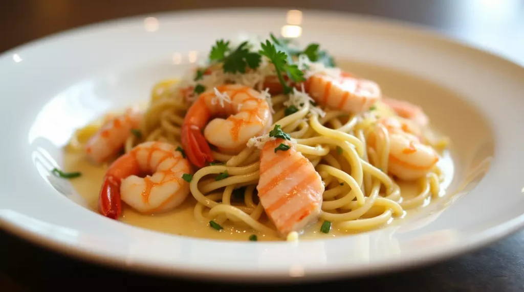 A final serving of salmon and shrimp pasta in a cream sauce, garnished with parsley and Parmesan