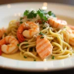 A final serving of salmon and shrimp pasta in a cream sauce, garnished with parsley and Parmesan