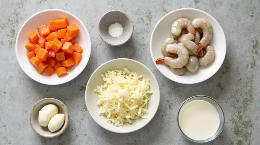 A step-by-step layout of raw salmon chunks, shrimp, cream, and other ingredients on a wooden board