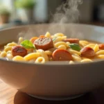 A close-up view of a steaming bowl of creamy parmesan Italian sausage ditalini soup, served in a white ceramic bowl with visible sausage, pasta, and a rich, velvety broth.