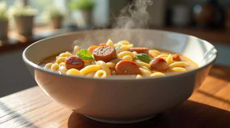 A close-up view of a steaming bowl of creamy parmesan Italian sausage ditalini soup, served in a white ceramic bowl with visible sausage, pasta, and a rich, velvety broth.