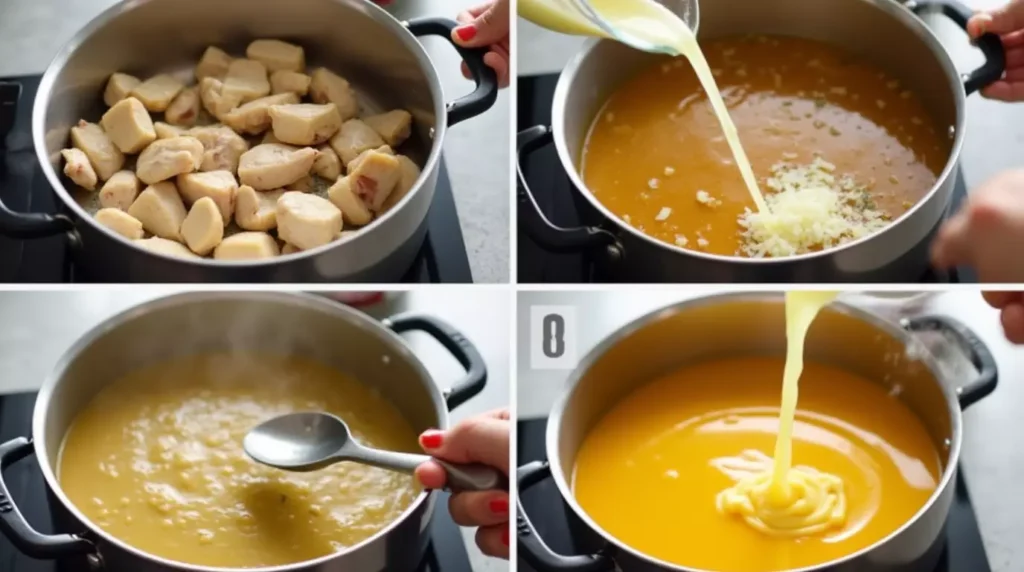 A four-panel image showing the process of making chicken velvet soup, including sautéing chicken, simmering broth, thickening with cornstarch, and adding egg whites.