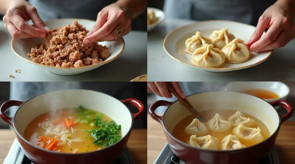 Step-by-step images showing the process of making Subgum Wonton Soup, from mixing the filling to simmering the broth and cooking the wontons.