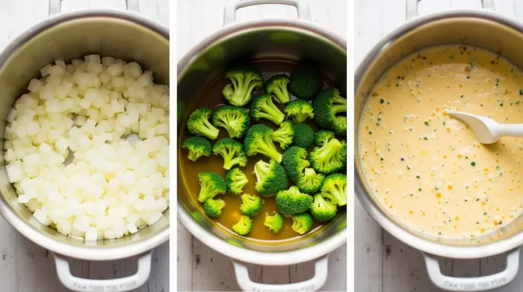 A panel collage showing onions sautéing, broccoli simmering in broth, and protein blending into the soup