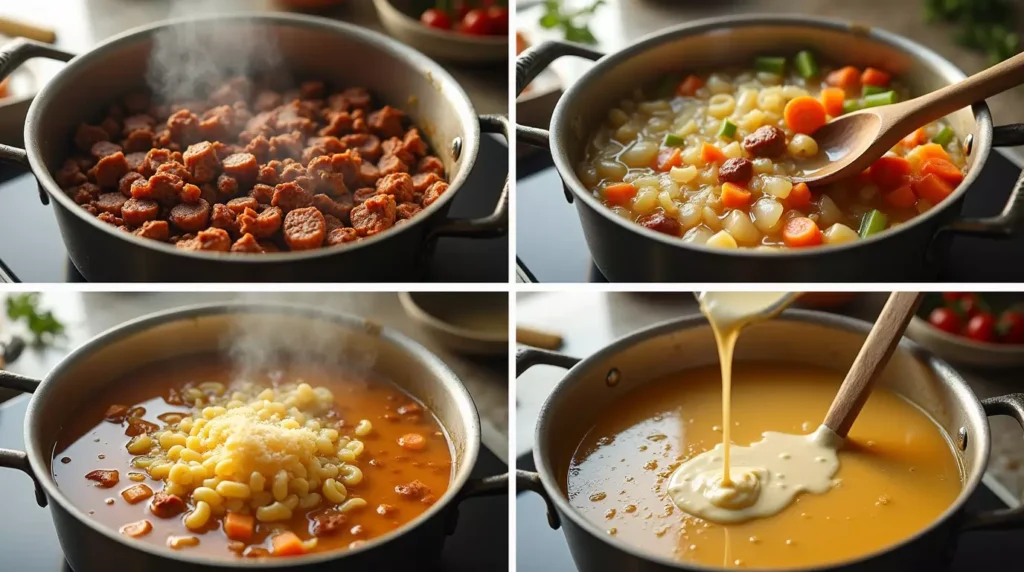 A four-panel split image showing the stages of cooking: browning sausage, sautéing vegetables, simmering pasta in broth, and stirring in cream and parmesan.