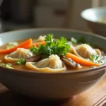 A steaming bowl of Subgum Wonton Soup with fresh vegetables and delicate wontons in a rich broth, served in an ordinary kitchen.