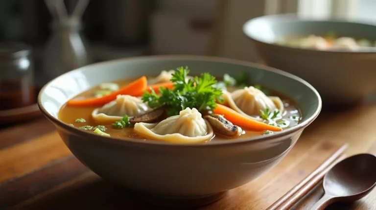 A steaming bowl of Subgum Wonton Soup with fresh vegetables and delicate wontons in a rich broth, served in an ordinary kitchen.